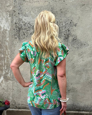 Abstract Print Flutter Sleeve Top - Annie Jack TX