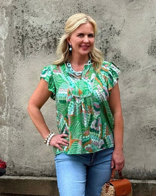 Abstract Print Flutter Sleeve Top - Annie Jack TX