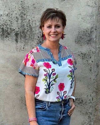 ANNIE JACK Floral Striped Patchwork Short Sleeve Split Neck Top - Annie Jack TX