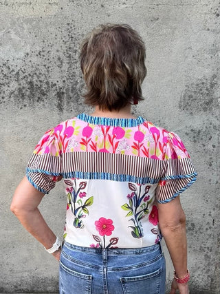 ANNIE JACK Floral Striped Patchwork Short Sleeve Split Neck Top - Annie Jack TX