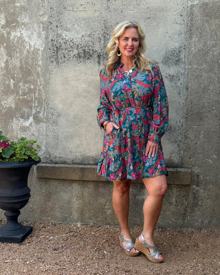 ANNIE JACK Teal Botanical Long Sleeve Ruffled Dress - Annie Jack TX