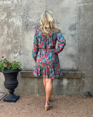ANNIE JACK Teal Botanical Long Sleeve Ruffled Dress - Annie Jack TX