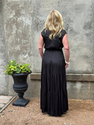 Silky Black Maxi Dress with Collar - Annie Jack TX