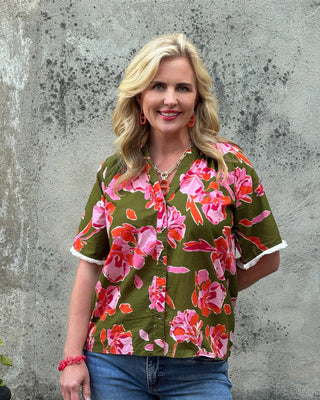 Vibrant V Neck Floral Top with Fringe Detail - Annie Jack TX