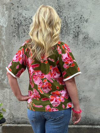 Vibrant V Neck Floral Top with Fringe Detail - Annie Jack TX