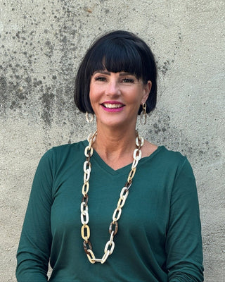 Marbled Beige Resin & Matte Gold Link Long Necklace - Annie Jack TX