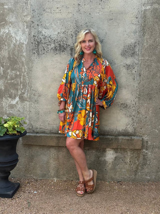 Long Sleeve Teals and Orange Floral Dress - Annie Jack TX