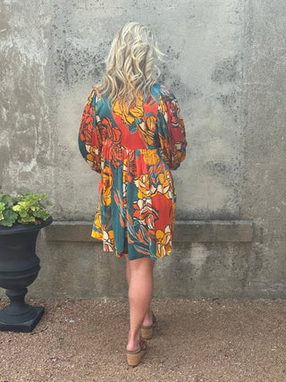 Long Sleeve Teals and Orange Floral Dress - Annie Jack TX