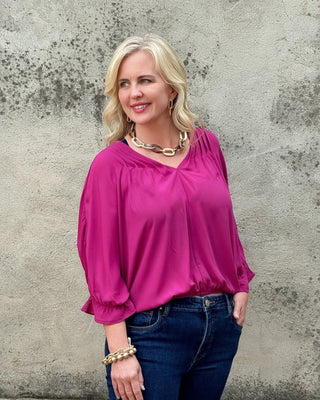 Pin Tuck V Neck Long Sleeve Top - Annie Jack TX