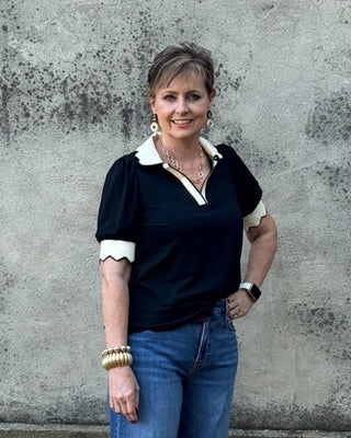 ANNIE JACK Contrast Collared V Neck Top - Annie Jack TX