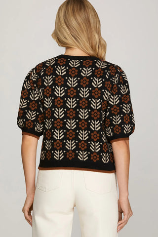 Short Puff Sleeve Pattern Sweater - Annie Jack TX