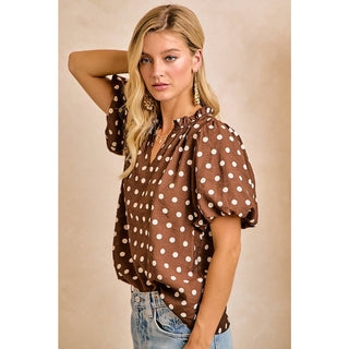 Polka Dot Printed Woven Ruffled V Neck Top - Annie Jack TX