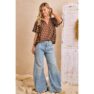 Mocha Brown Polka Dot V Neck Top - Annie Jack TX