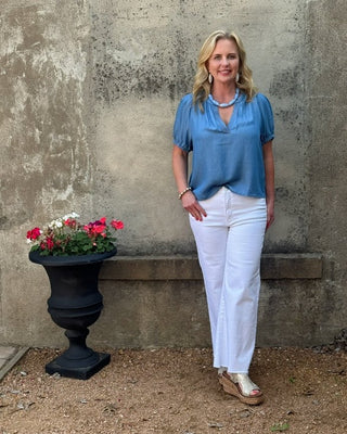 Everyday Chambray Puff Sleeve V - Neck Top - Annie Jack TX