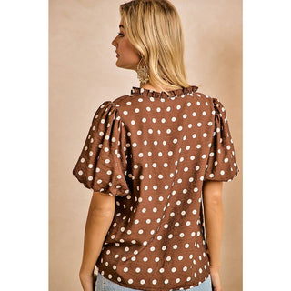 Mocha Brown Polka Dot V Neck Top - Annie Jack TX