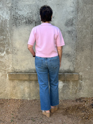 Retro Stitched Button - Down – Pink & Red Contrast Tailored Top - Annie Jack TX