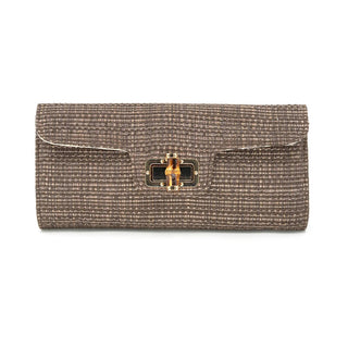 Textured clutch bag with a gold clasp on a white background