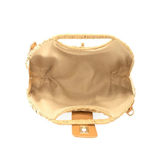 Beige fabric bag with a strap on a white background