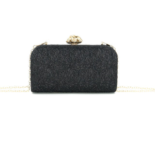 Black Shimmer Box Clutch with Gold Floral Clasp - Annie Jack TX