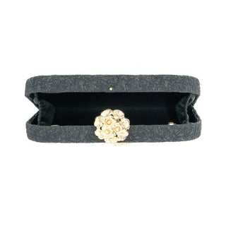 Black Shimmer Box Clutch with Gold Floral Clasp - Annie Jack TX