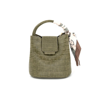 Classic Croc-Embossed Small Bucket Bag with Scarf Detail