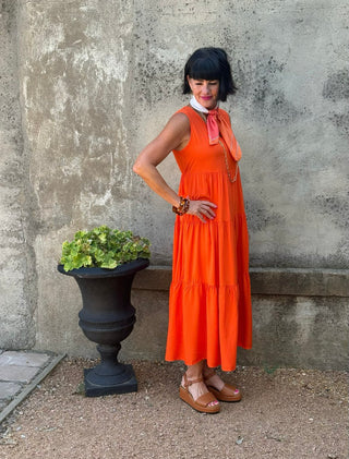 Sunset Glow Sleeveless Tiered Maxi Dress - Vibrant Orange - Annie Jack TX