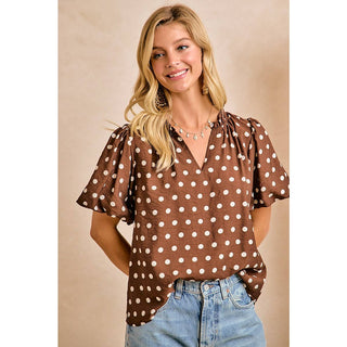 Mocha Brown Polka Dot V Neck Top - Annie Jack TX