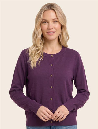 Blonde woman in a Staccato plum cardigan buttoned up