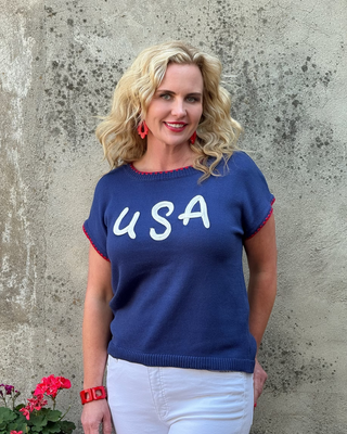 Woman in blue USA Lightweight sweater