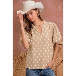 Mocha Brown Polka Dot V Neck Top - Annie Jack TX