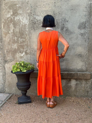 Sunset Glow Sleeveless Tiered Maxi Dress - Vibrant Orange - Annie Jack TX