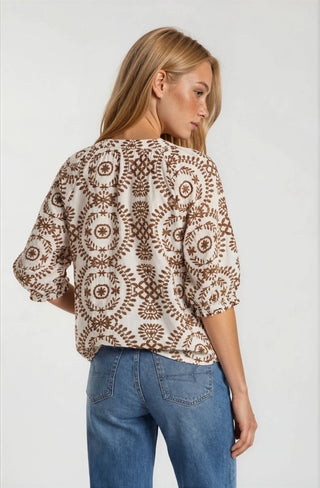 RT-4368-6 SHORT SLEEVE PRINTED BLOUSE-BROWN MULTI - Annie Jack TX