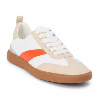 Sneaker with beige, white, and orange color scheme on a white background