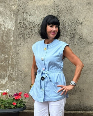 Sky Blue Mandarin Tie - Waist Top with Floral Buttons - Annie Jack TX