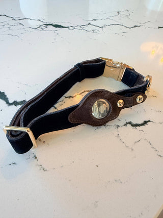 Heirloom Suede AirTag Dog Collar — Black & Coffee - Annie Jack TX