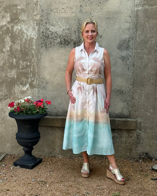 Dreamy Palm Watercolor Belted Midi Dress - Annie Jack TX