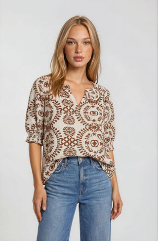 RT-4368-6 SHORT SLEEVE PRINTED BLOUSE-BROWN MULTI - Annie Jack TX