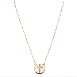 Necklace with a round pendant featuring a cross on a white background