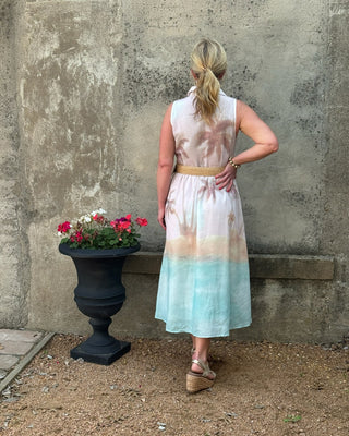 Dreamy Palm Watercolor Belted Midi Dress - Annie Jack TX