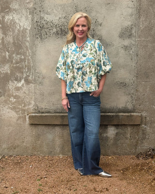 Azure Garden Floral Balloon Sleeve Blouse - Annie Jack TX