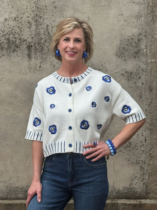 Blue Floral Embroidered Short Sleeve Cardigan - Annie Jack TX