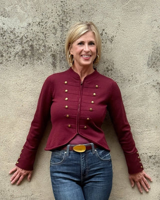 Wine Military Style Knit Jacket with Gold Buttons - Annie Jack TX