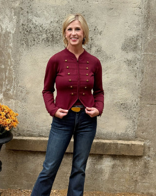 Wine Military Style Knit Jacket with Gold Buttons - Annie Jack TX
