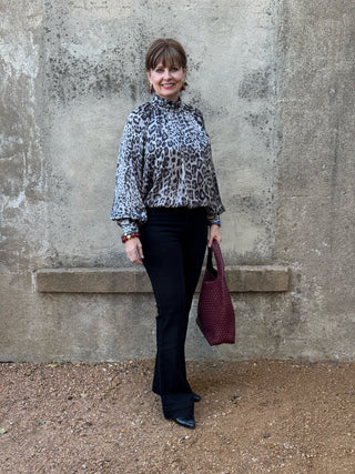 Entro gray leopard balloon sleeve blouse with elastic hem, styled view