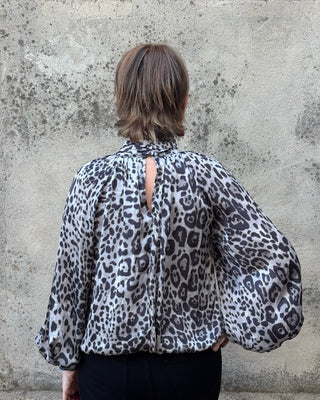 Entro gray and black leopard print blouse with ruched mock neck, alternate view