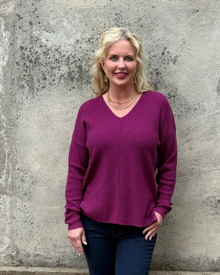 Dark Magenta Waffle Knit V-Neck Sweater - Annie Jack TX