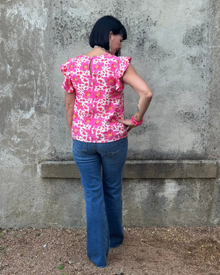 Pink Floral Cheetah Print Flutter Sleeve Top - Annie Jack TX