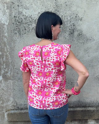 Pink Floral Cheetah Print Flutter Sleeve Top - Annie Jack TX