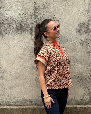 Camel and orange leopard print top with stand collar - Annie Jack TX