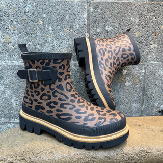 Leopard Lug Sole Ankle Rain Boots